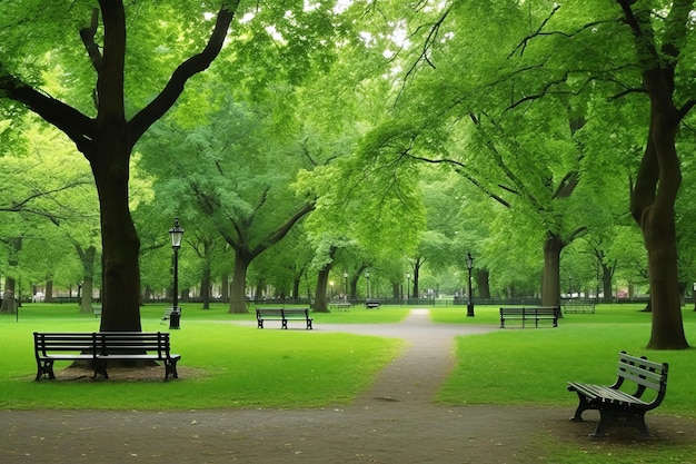 Belo parque público com campo de grama verde na luz da manhã Criado com tecnologia Generative AI