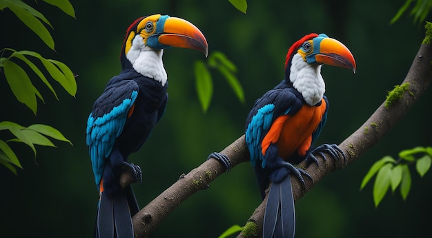 Belo pássaro tucano colorido em um galho em uma floresta tropical