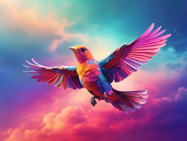Belo pássaro voando no gradiente de cores do céu colorido na chuva de pintura detalhada