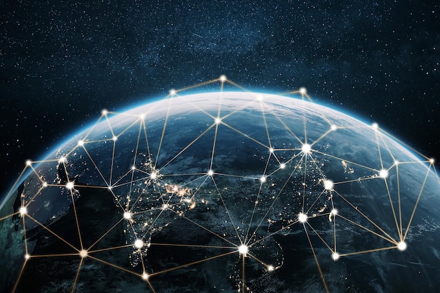 Foto belo planeta azul terra com linhas de luz amarela de comunicação ideia criativa transferência e conceito de transmissão de dados jornada tecnologia e conceito de rede de comunicação