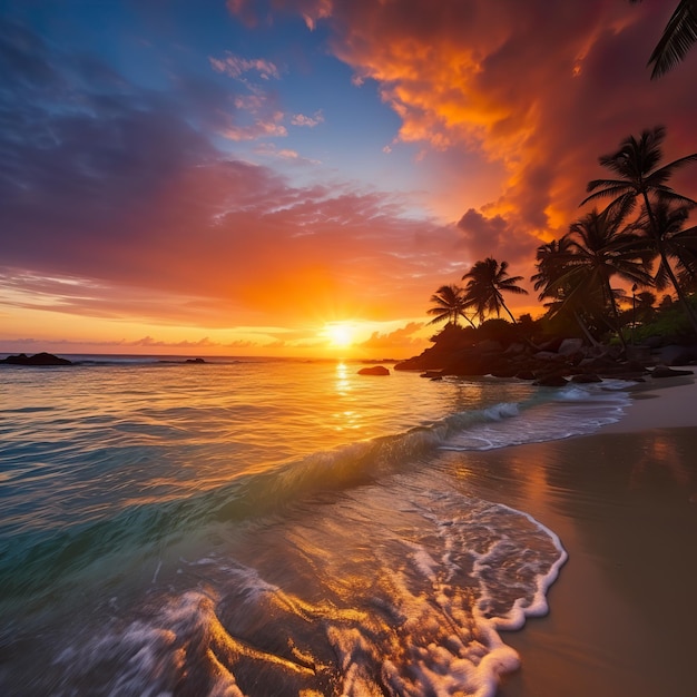 Belo pôr do sol brilhante em uma praia paradisíaca tropical AI Generated