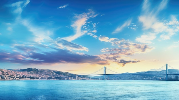 Belo pôr do sol em Istambul, Turquia, com vista panorâmica da Ponte do Bósforo e um céu azul nublado