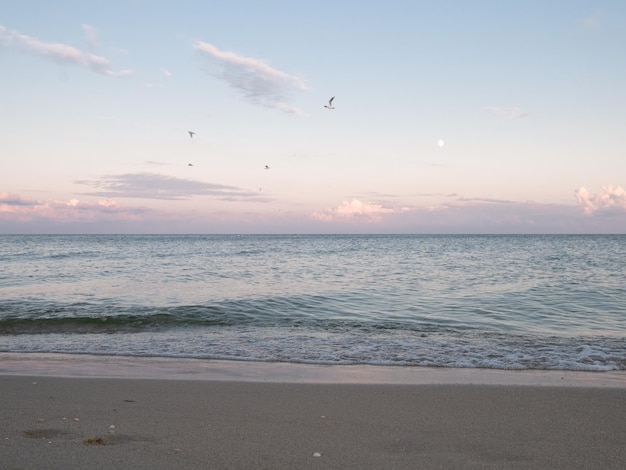 Belo pôr do sol em uma praia Pôr do sol de verão e ondas do marxA