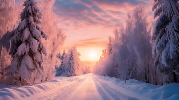 Belo pôr do sol na estrada de inverno coberta de neve