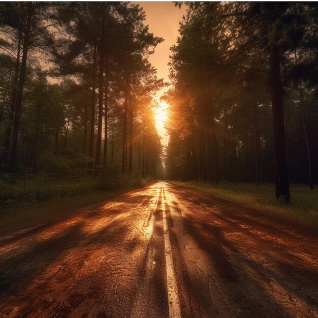 Belo pôr do sol na floresta com estradas e pinheiros ao pôr do sol