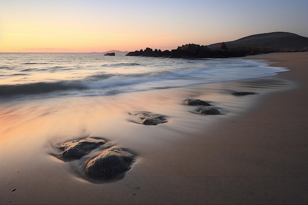 Belo pôr do sol na praia com pedras e reflexo na água