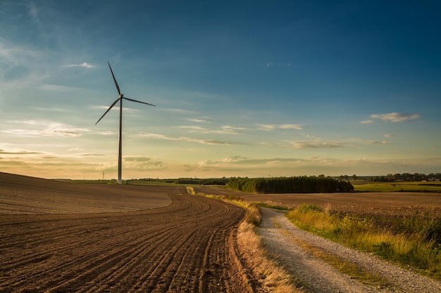 Belo pôr do sol na zona rural com turbina eólica