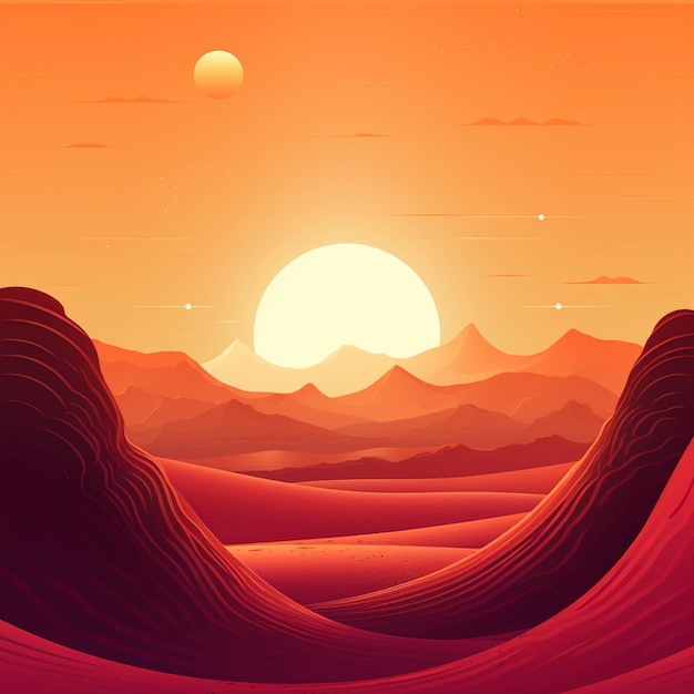 Belo pôr do sol no deserto com ilustração vetorial de dunas de areia