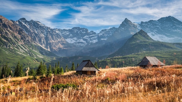 Belo pôr do sol no vale da montanha Tatras no outono