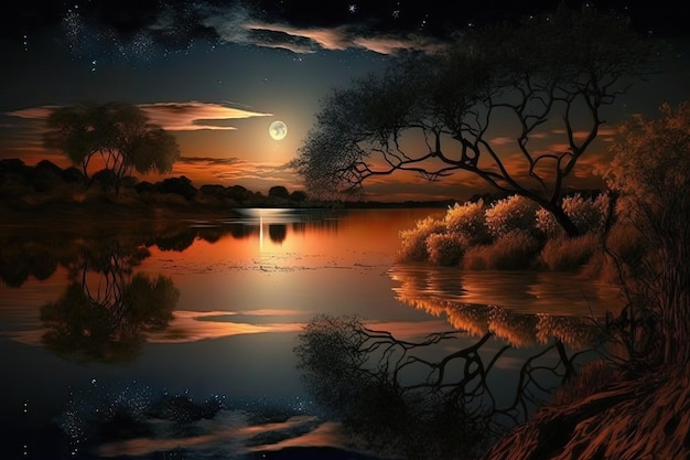 Belo pôr do sol noturno sobre a água brilhante do rio