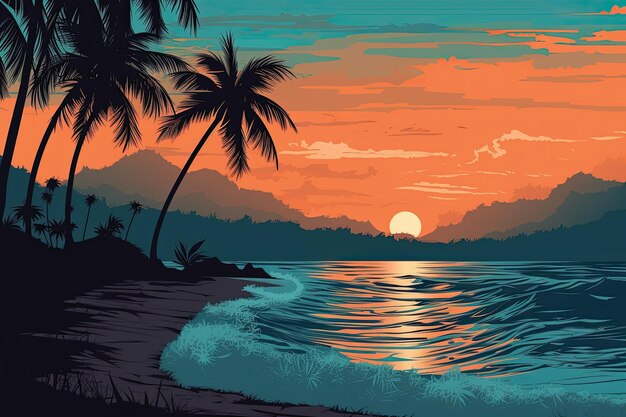 Belo pôr do sol sobre a ilustração do mar em estilo simples