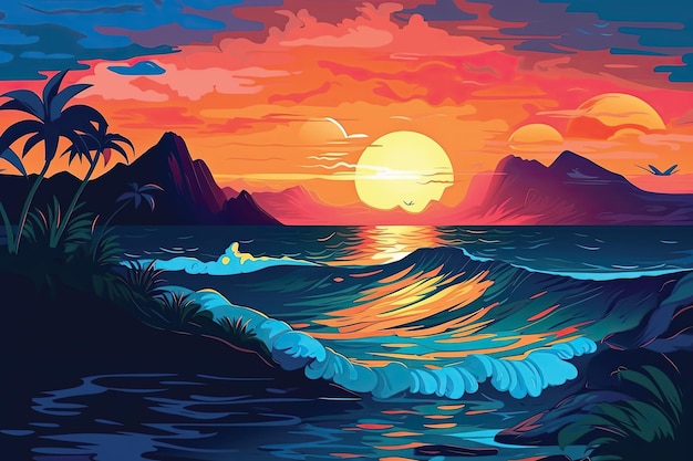 Belo pôr do sol sobre a ilustração do mar em estilo simples