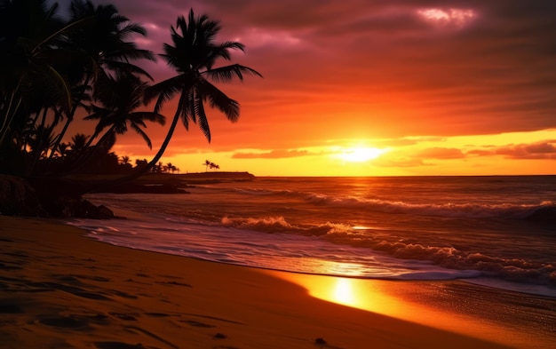 Belo pôr do sol sobre o mar com palmeiras na praia