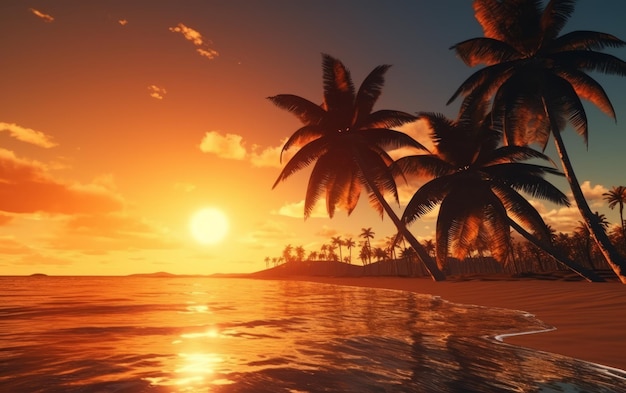 Belo pôr do sol sobre o mar com palmeiras na praia