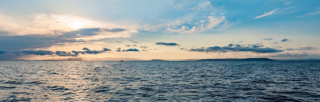 Belo pôr do sol sobre o mar com reflexo em nuvens majestosas de água no céu BANNER LONG FORMAT