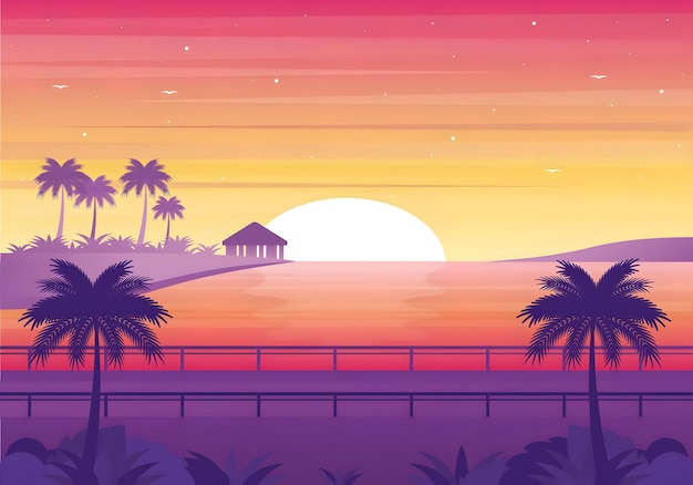 Belo pôr-do-sol sobre o oceano com silhueta de palmeiras