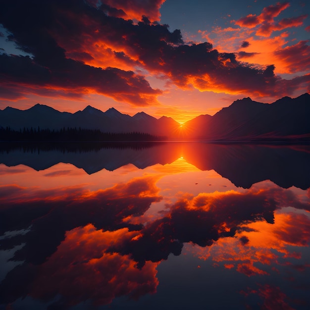 belo pôr do sol sobre um lago com montanhas ao fundo