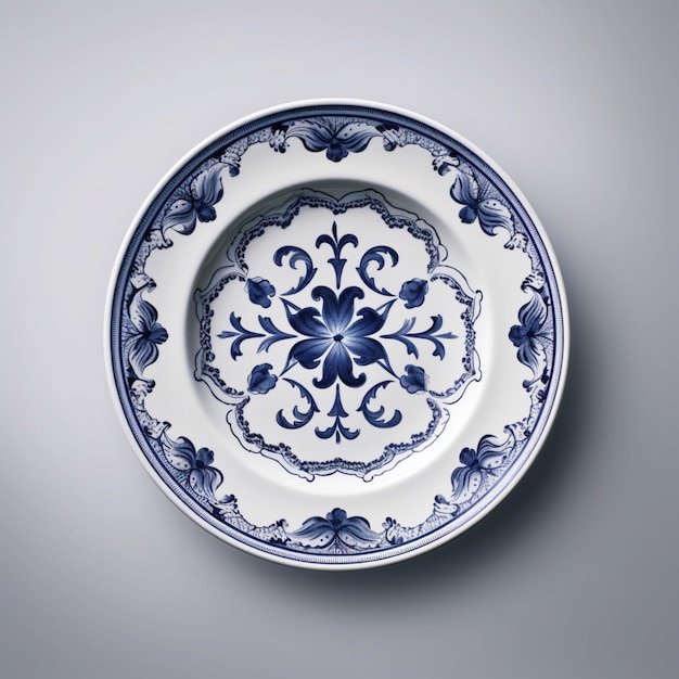 Belo prato de cerâmica decorativa branca com desenho floral de sobremesa azul Arte Gerada por IA