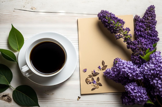 Belo ramo de flores lilás brancas e violetas com uma almofada aberta sobre um fundo