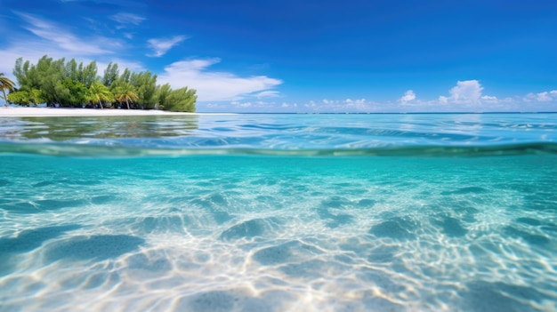 Belo resort de praia tropical com areia branca, céu azul, oceano calmo