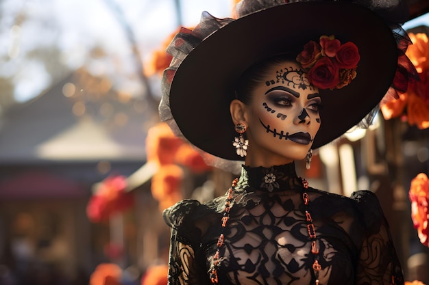 Belo retrato aproximado de uma jovem com roupa tradicional de Calavera Catrina e maquiagem para o Dia dos Mortos no festival nacional mexicano