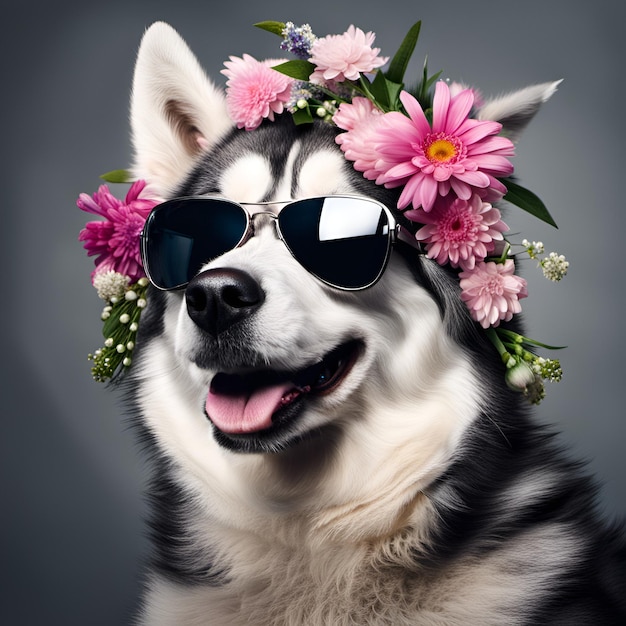 Belo retrato de cachorro husky legal em óculos de sol com flores na cabeça