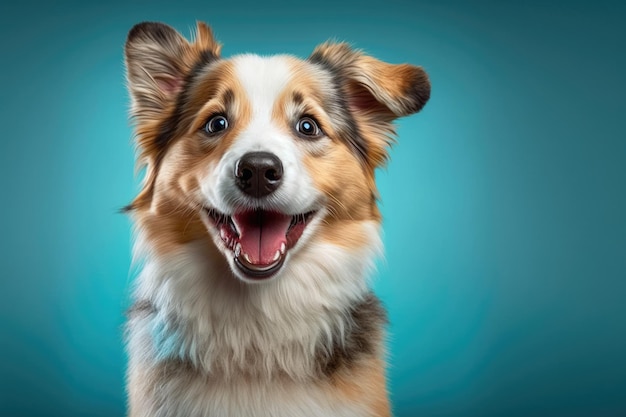 Foto belo retrato de estimação de um cachorrinho feliz sorrindo isolado em fundo ciano generativo ai