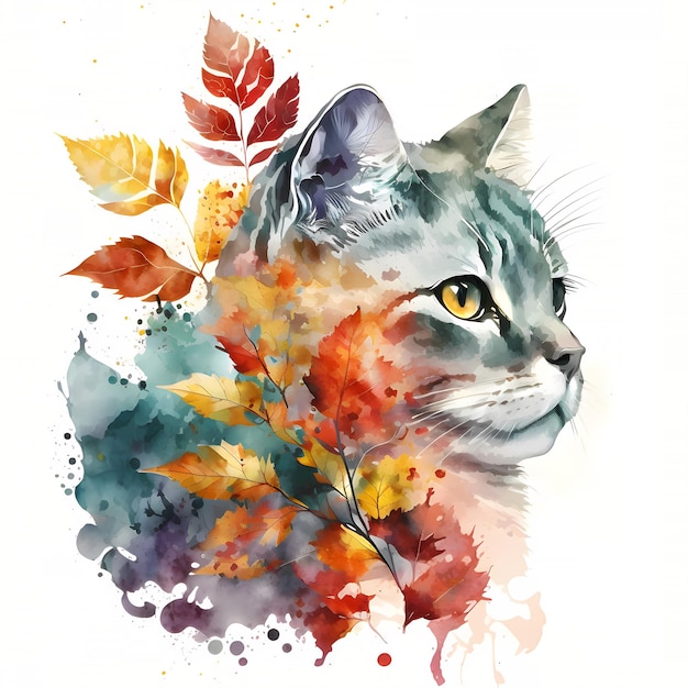 Belo retrato de gato cercado por folhas de outono Aquarela Clipart