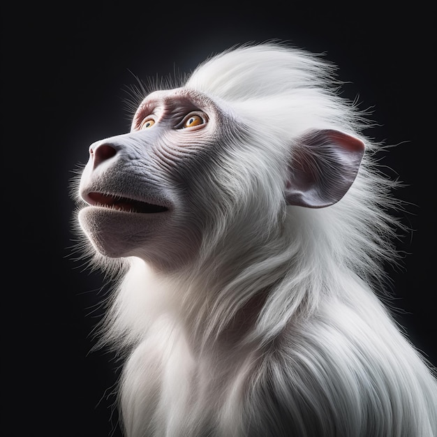 Belo retrato de macaco branco olhando para cima sonhando com liberdade em fundo preto Foto de grande criatura selvagem Vida de zoológico de animais africanos Generative Ai