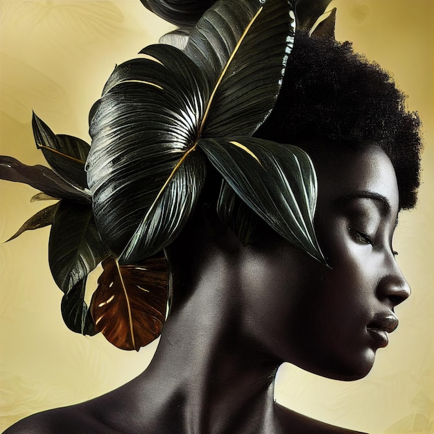 Belo retrato de mulher africana com plantas e flores renderização em 3d