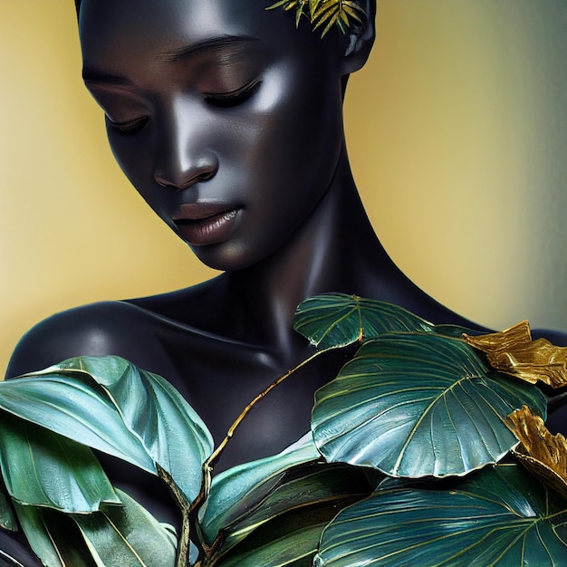 Belo retrato de mulher africana com plantas e flores renderização em 3d