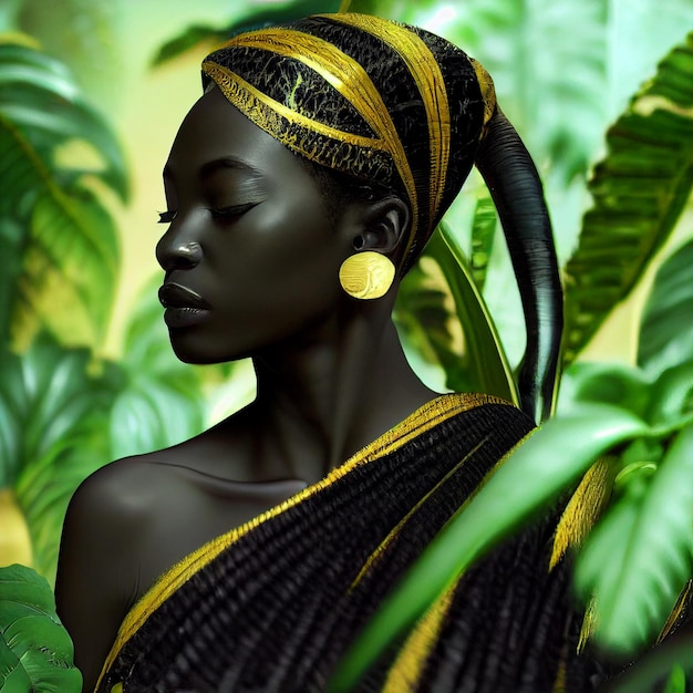 Belo retrato de mulher africana com plantas e flores renderização em 3d