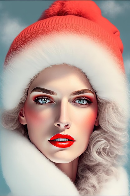 Belo retrato de mulher com chapéu vermelho de Papai Noel Generative Ai