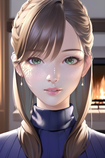 Belo retrato de mulher em frente à árvore de natal de inverno em ilustração de pintura digital estilo anime