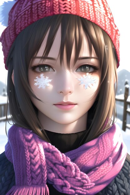 Belo retrato de mulher em frente à árvore de natal de inverno em ilustração de pintura digital estilo anime