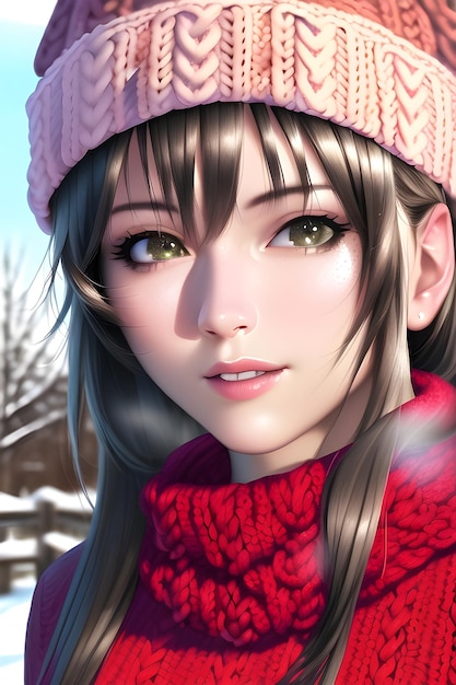 Belo retrato de mulher em frente a uma árvore de natal de inverno Knit Turtleneck fleece Hat cachecol em estilo anime ilustração de pintura digital