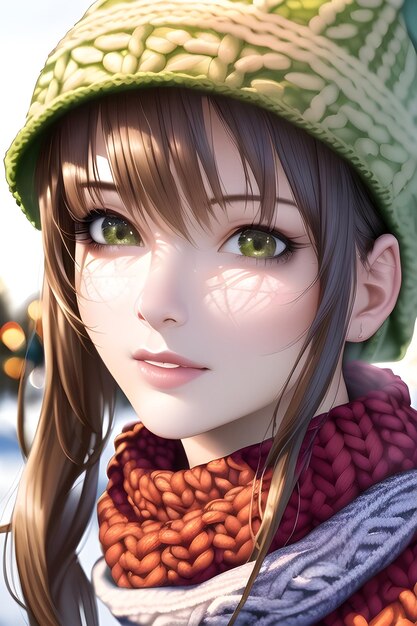 Belo retrato de mulher em frente a uma árvore de natal de inverno Knit Turtleneck fleece Hat cachecol em estilo anime ilustração de pintura digital