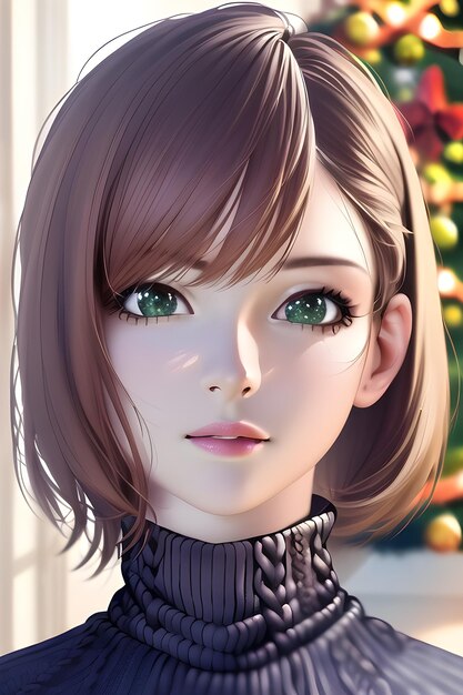 Belo retrato de mulher na árvore de natal de inverno em ilustração de pintura digital estilo anime