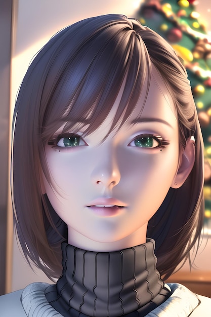 Belo retrato de mulher na árvore de natal de inverno em ilustração de pintura digital estilo anime