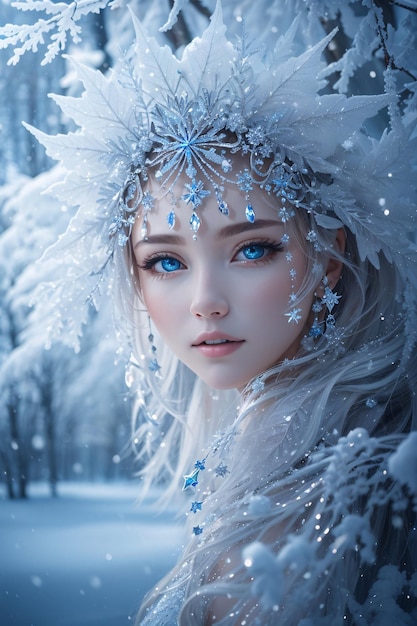 Belo retrato de princesa fada de inverno de menina mulher no mundo mágico de flocos de gelo e neve