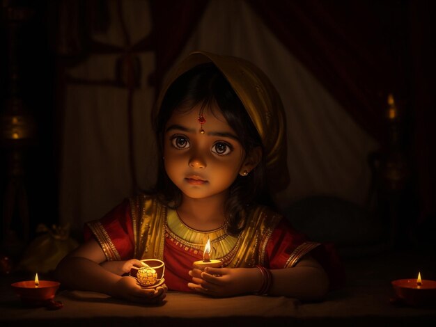 Foto belo retrato de uma menina sorridente apoiada na mesa durante a noite do festival diwali