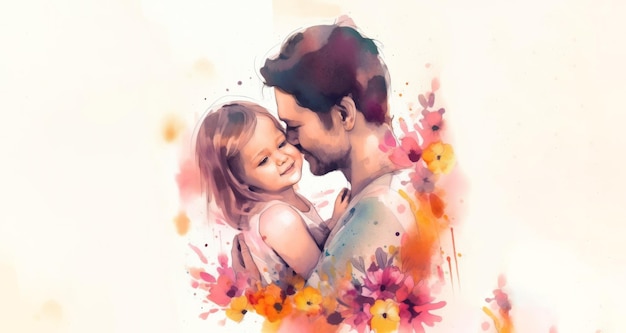 Belo retrato em aquarela de um pai e uma filha com algumas flores para o fundo do banner do Dia dos Pais gerado por IA