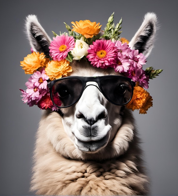 Belo retrato legal de lama em óculos de sol com flores na cabeça