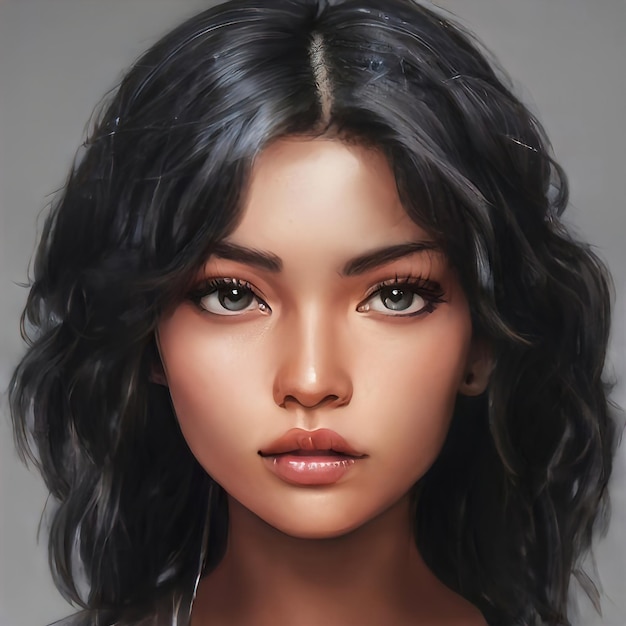 Belo retrato morena mulher cabelo preto beleza menina de cabelo tingido de preto closeup de rosto bela maquiagem ilustração