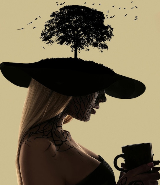 Belo retrato surreal de menina com café no chapéu de moda