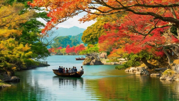 Belo rio Arashiyama com árvore de folha de bordo e barco ao redor do lago