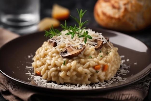 Foto belo risoto com cogumelos e queijo parmesão haute cuisine generative ai