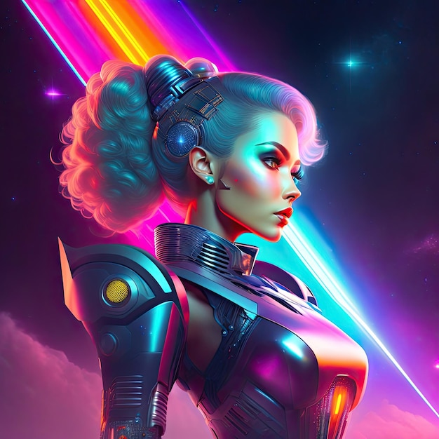 Belo robô cyborg feminino em fundo de nebulosa espacial Neonpunk pin up estilo ilustração 3d