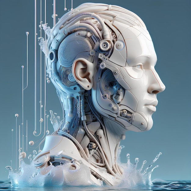 Belo rosto robótico hiperrealista em arte digital 3D mostrando a criatividade da IA
