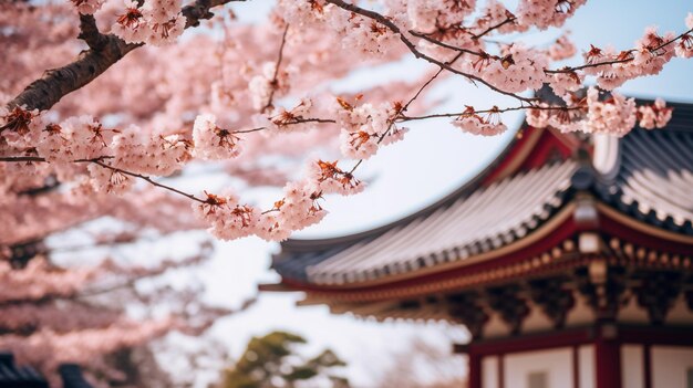 Foto belo templo asiático com flor de sakura